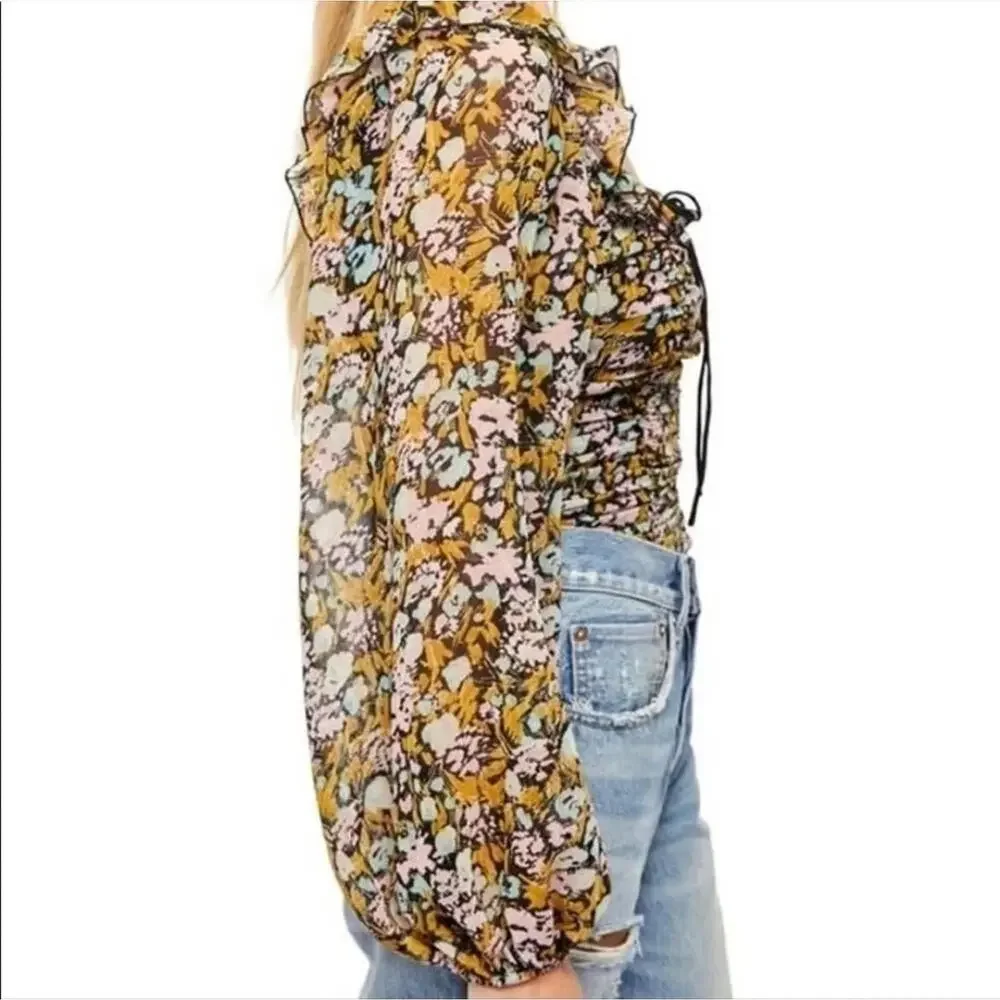 Free People Mabel Lace-Up Top XS Blouse Smocked Floral Bohemian Long Puff Sleeve